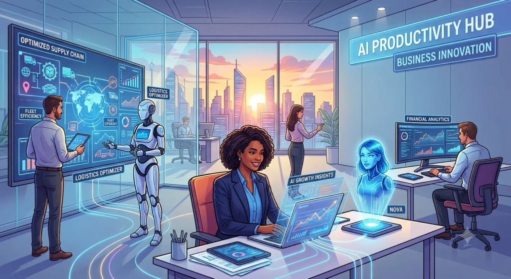 Business team using AI to improve productivity, automate tasks, and save time