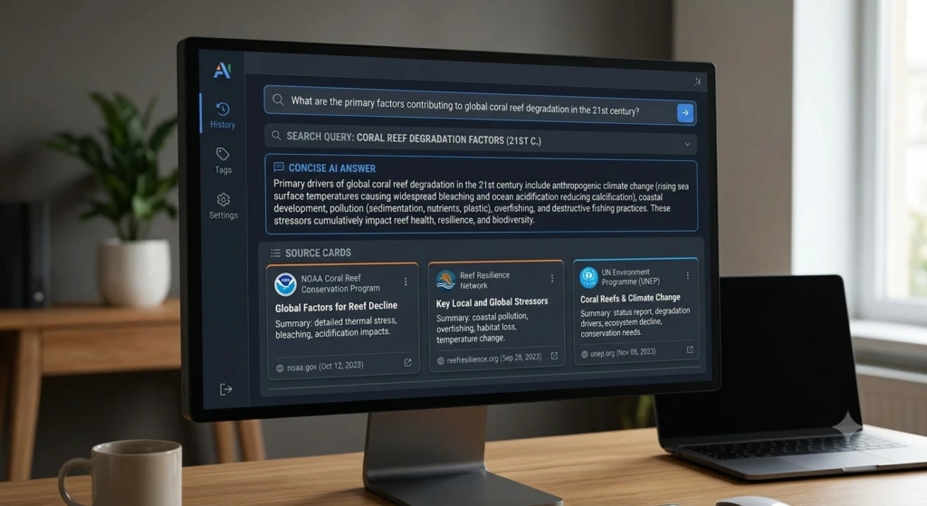 Perplexity AI showing research results and sources