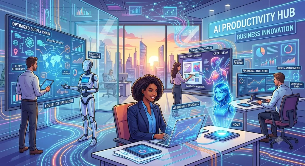 Business professional reviewing AI software and productivity tools