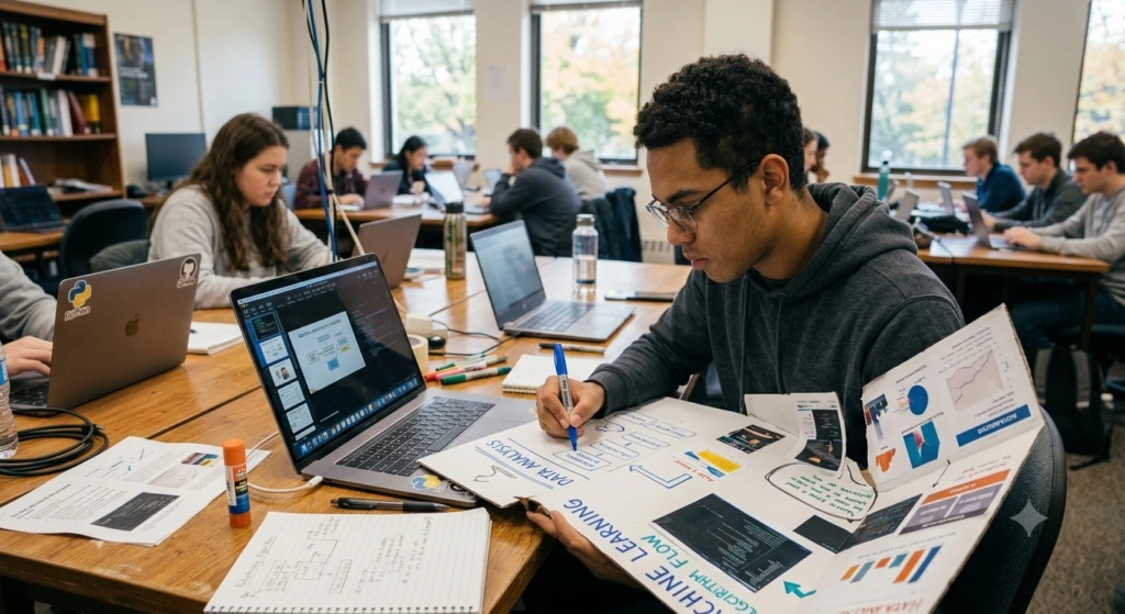 Student creating AI presentations and project slides