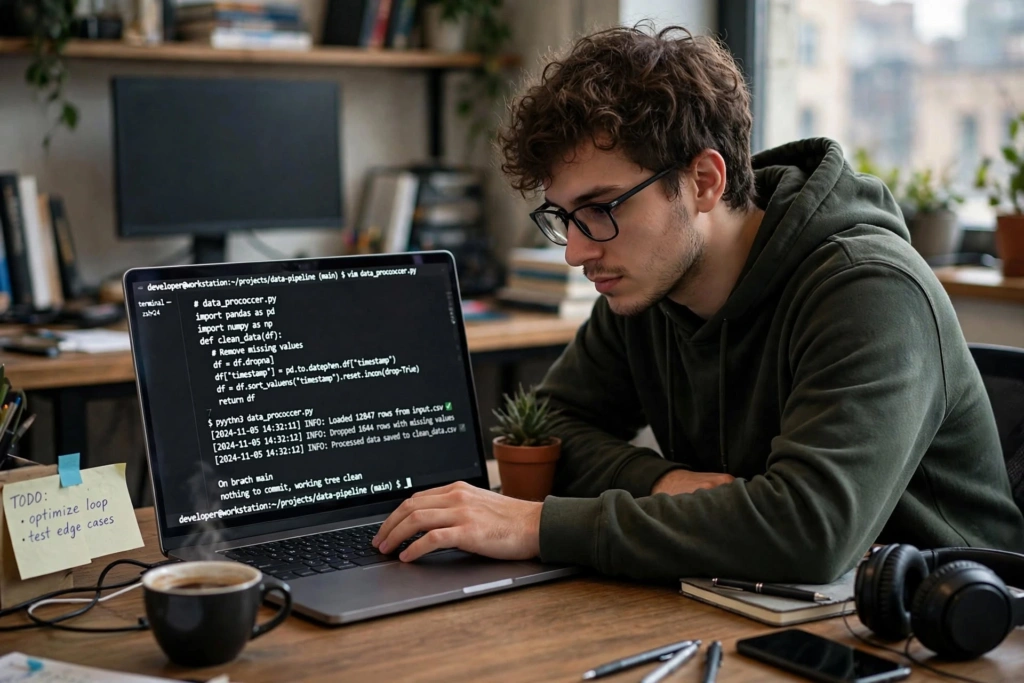Developer working with code in a terminal