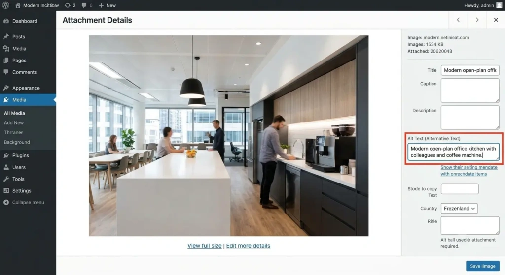WordPress media editor with an image description field