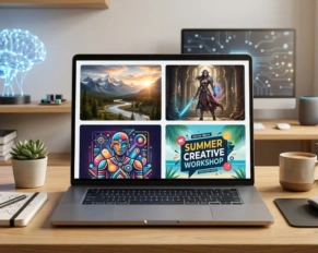 Laptop displaying a collection of digital artwork