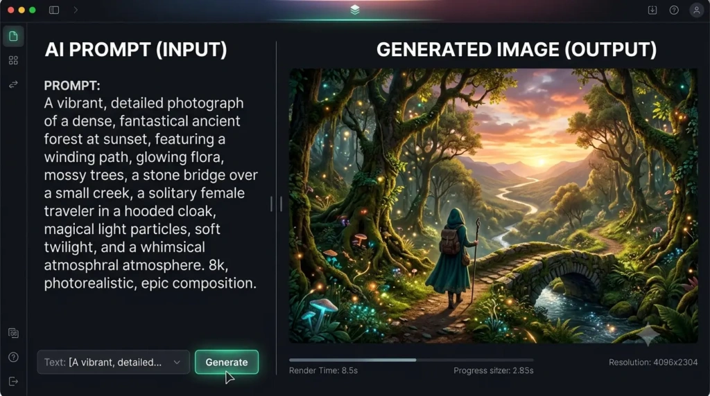 Detailed text prompt beside its generated image