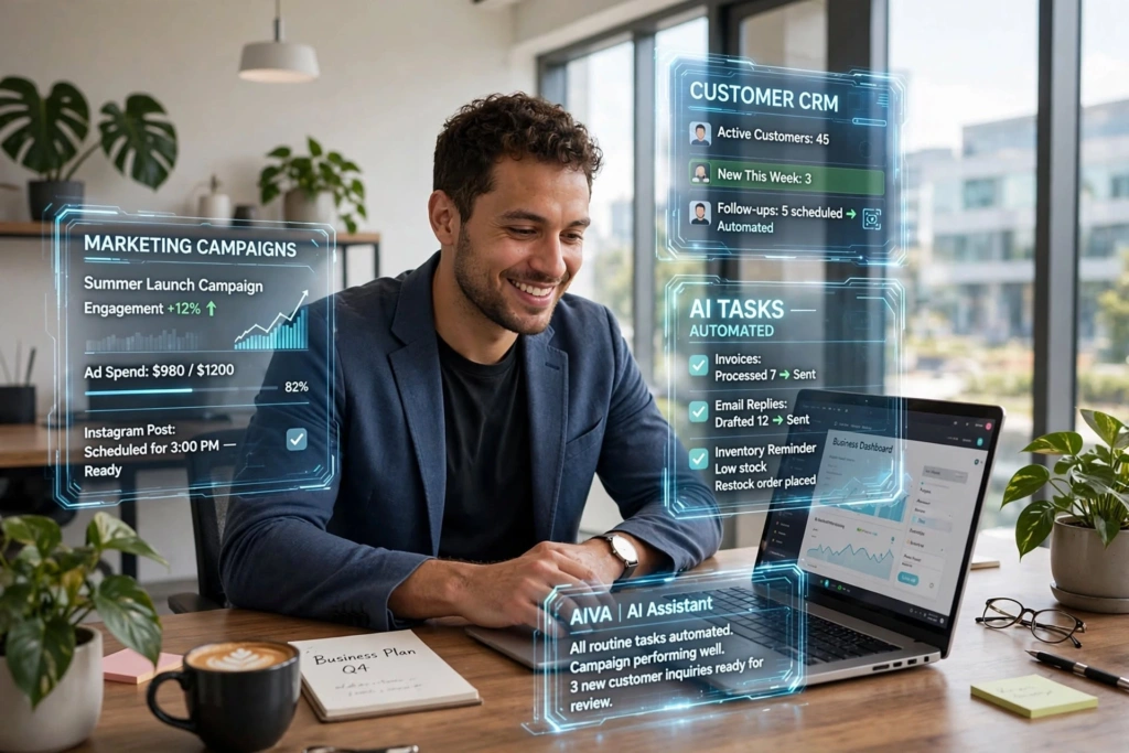 Small business owner using AI for productivity